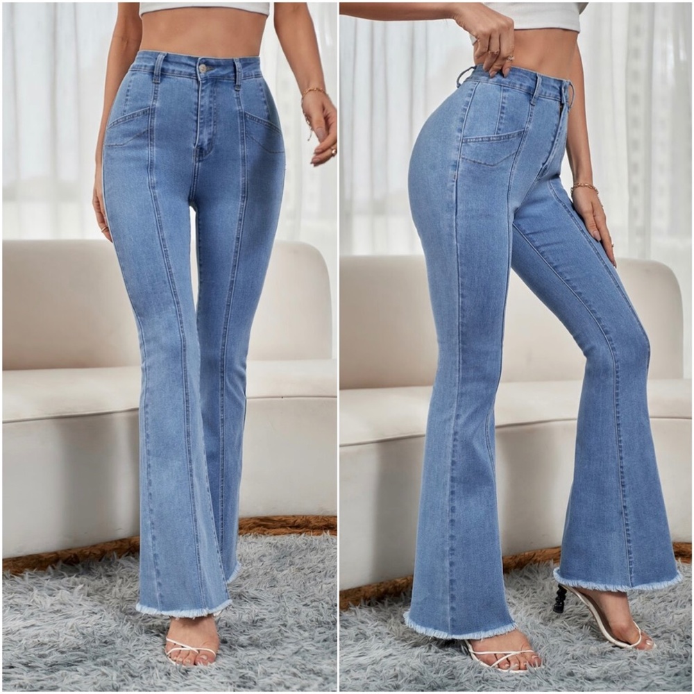 Black Frayed Hem Wide leg Fitted Denim Jeans - Picture 2 of 8